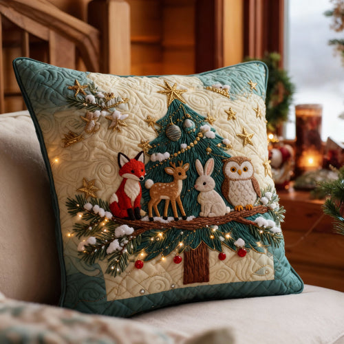 Woodland Animals Christmas Tree Pillow — Fox, Deer, Rabbit & Owl