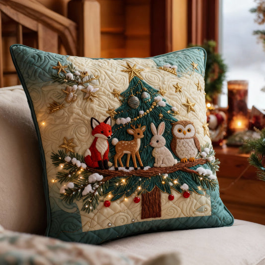 Woodland Animals Christmas Tree Pillow — Fox, Deer, Rabbit & Owl