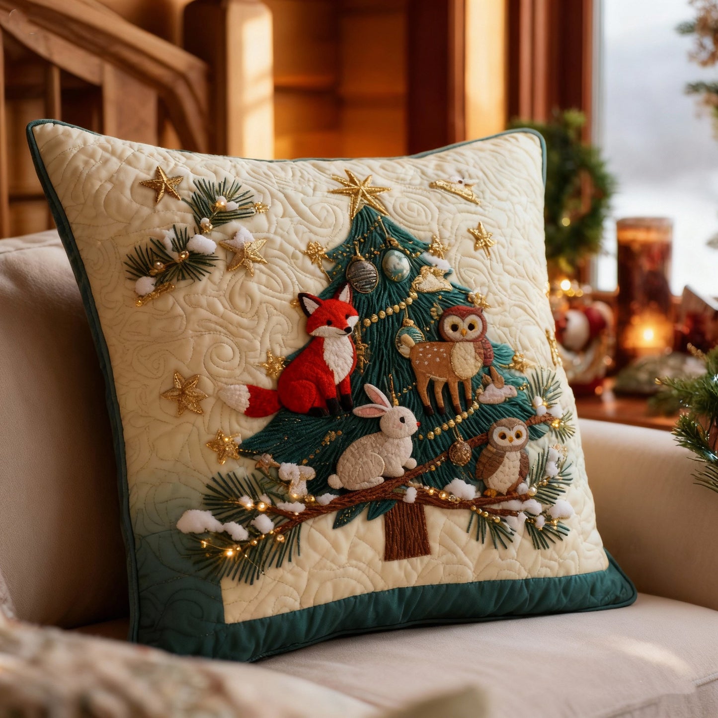 Starlit Forest Animals Pillow — Fox, Rabbit & Owls on Evergreen