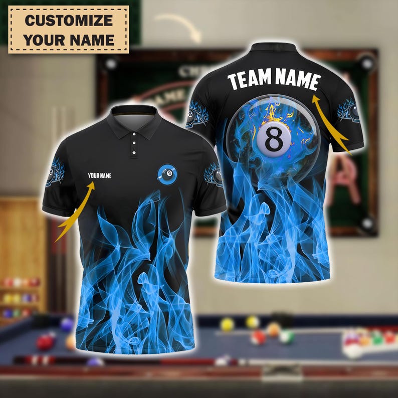 Custom 3D Billiards Polo Shirt, 8 Ball Heavenly Flame Design | Custom Name & Team | Multicolor Jersey Options, Gift For Dad, For Man.