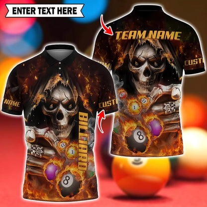 Billiards 3D Polo Shirt, Custom Skull Flame Billiards Shirt, 3D Pool Shirt with Player & Team Name, Multicolor Cue Sports Uniform Gift.