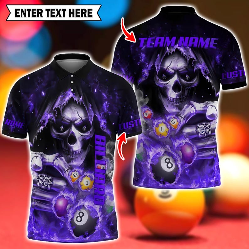 Billiards 3D Polo Shirt, Custom Skull Flame Billiards Shirt, 3D Pool Shirt with Player & Team Name, Multicolor Cue Sports Uniform Gift.