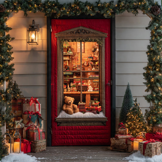 Red Window Display with Teddy & Trains — Christmas Door Wrap, Vintage Toy Shop Entrance