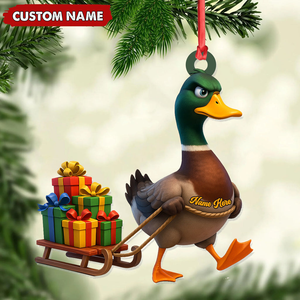 Funny Duck Acrylic Christmas Ornament - Mallard Pulling Gifts, Unique Christmas Gift for Hunters