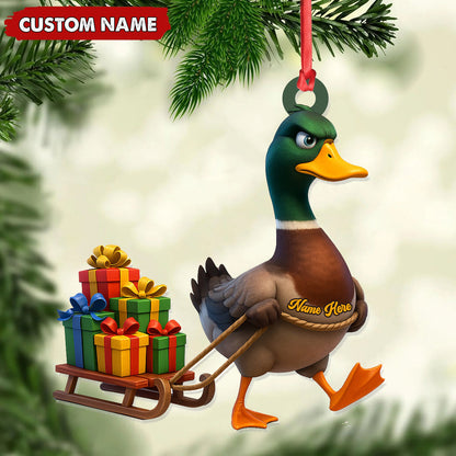 Funny Duck Acrylic Christmas Ornament - Mallard Pulling Gifts, Unique Christmas Gift for Hunters