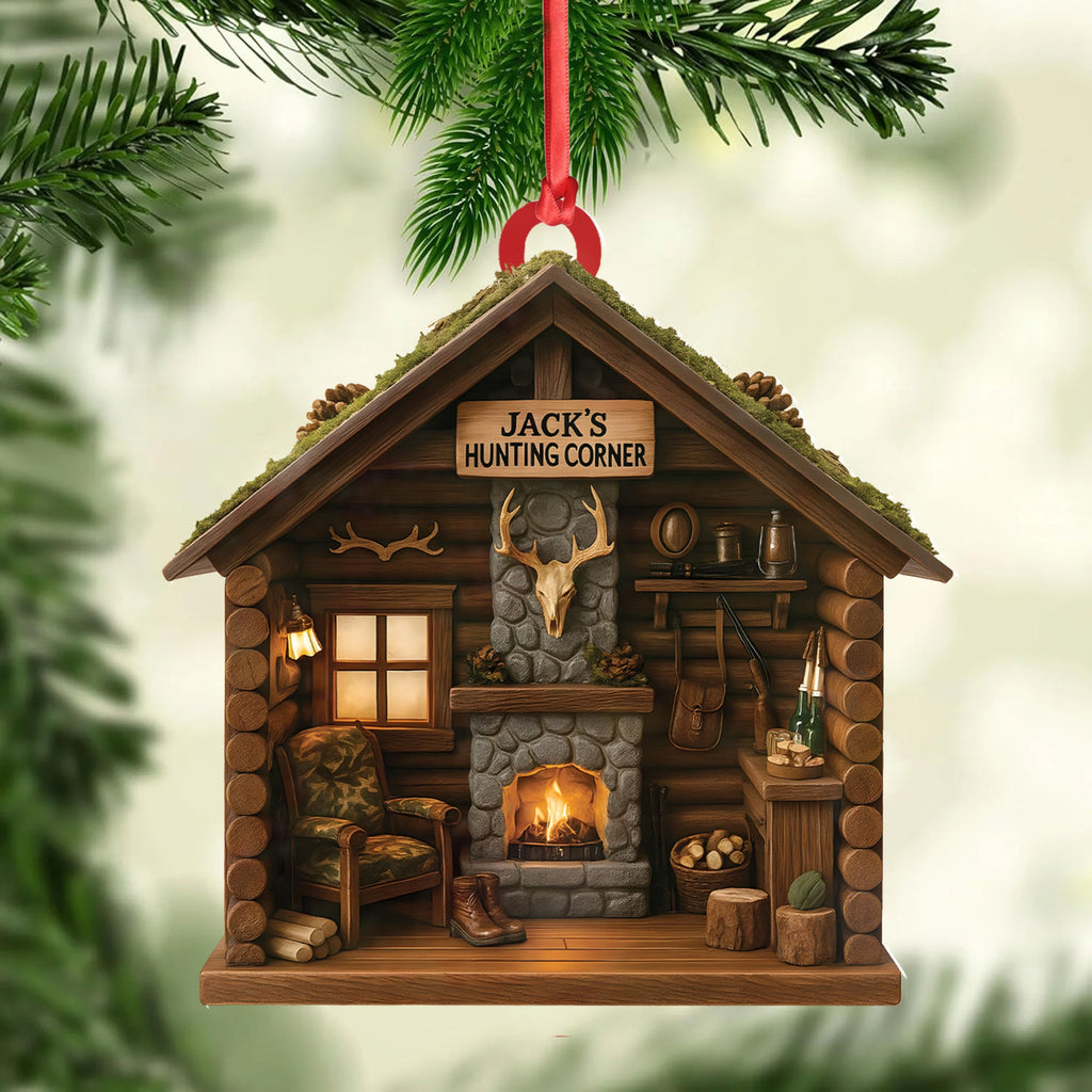 Personalized Hunter’s Cabin Ornament, Custom Log Cabin Christmas Decoration for Outdoor Lovers