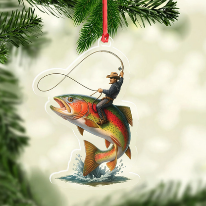 Personalized Funny Fishing Acrylic Ornament - Cowboy Riding Fish Christmas Decoration for Fishermen