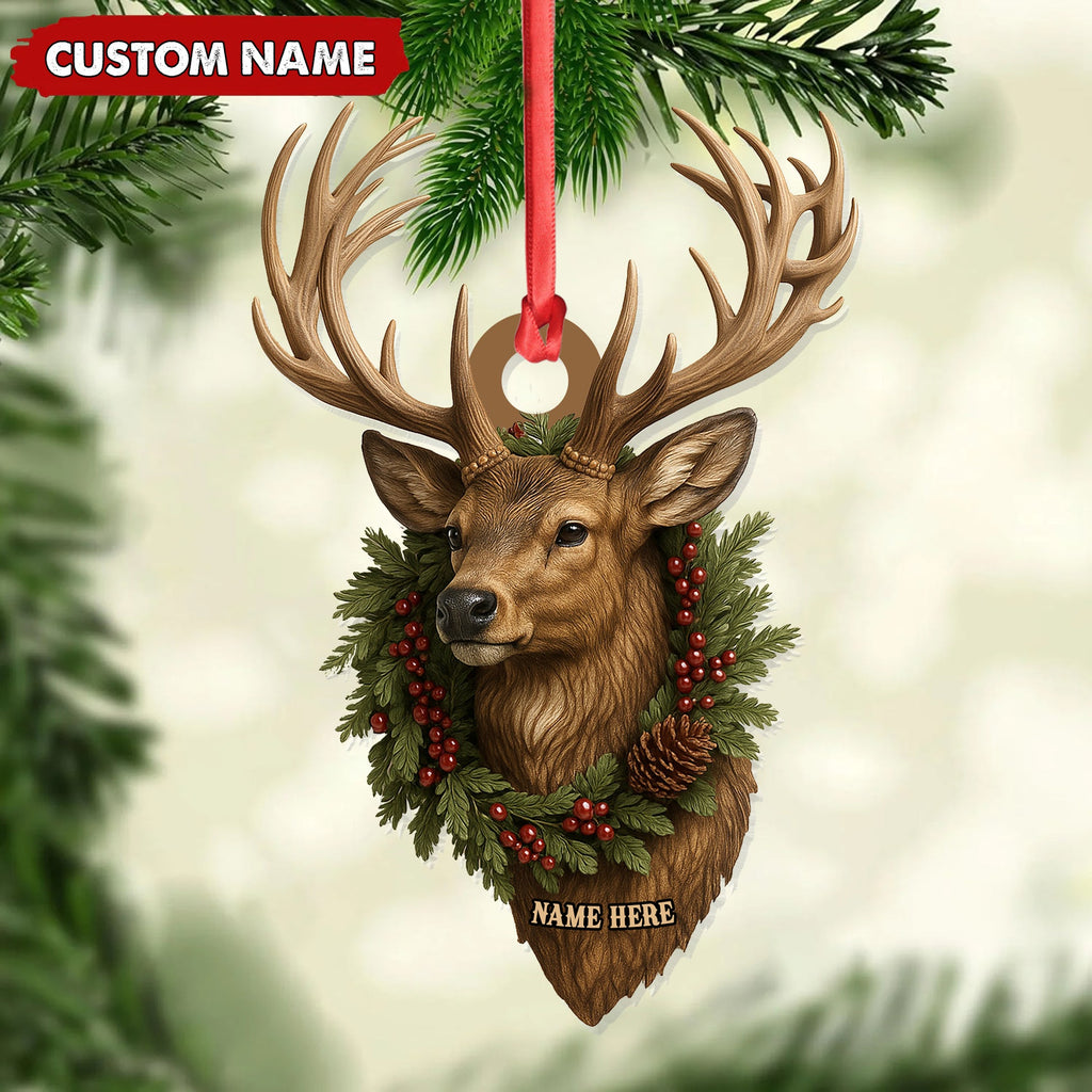 Personalized Rustic Deer Head Christmas Acrylic Ornament – 3D Holiday Decor & Perfect Gift for Hunters & Nature Lovers