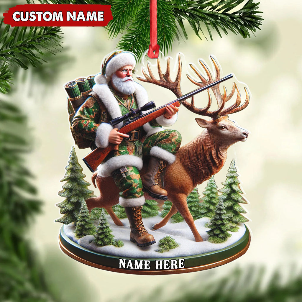 Personalized Acrylic Hunter Santa Riding Deer Christmas Ornament - Custom Hunting Gift Decoration