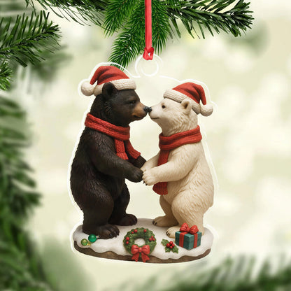 Christmas Bear Couple Figurine Acrylic Ornament – Cute Holiday Decor for Couples, Polar and Brown Bear Love Statue, Romantic Christmas Gift for Him or Her