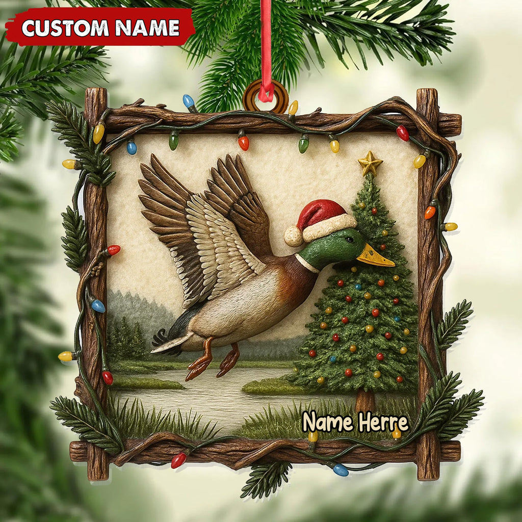 Personalized Flying Duck Christmas Ornament, Custom Name Hunting Gift for Outdoor Lovers