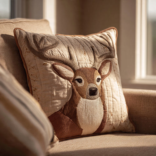 Farmhouse Deer Embroidered Cushion — Quilted Antlers, Cozy Holiday Accent