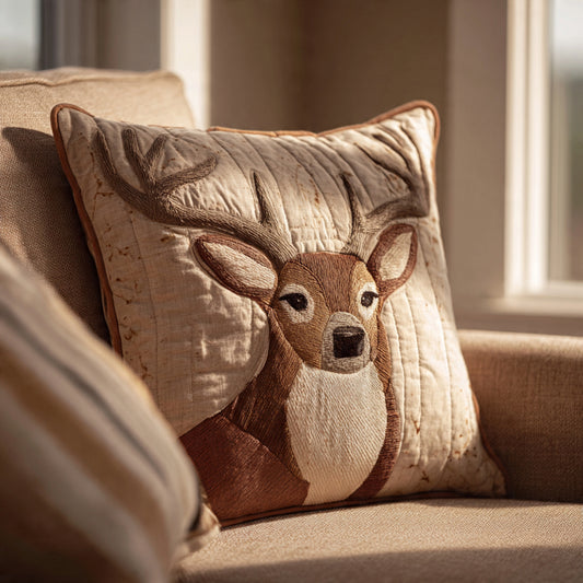 Farmhouse Deer Embroidered Cushion — Quilted Antlers, Cozy Holiday Accent