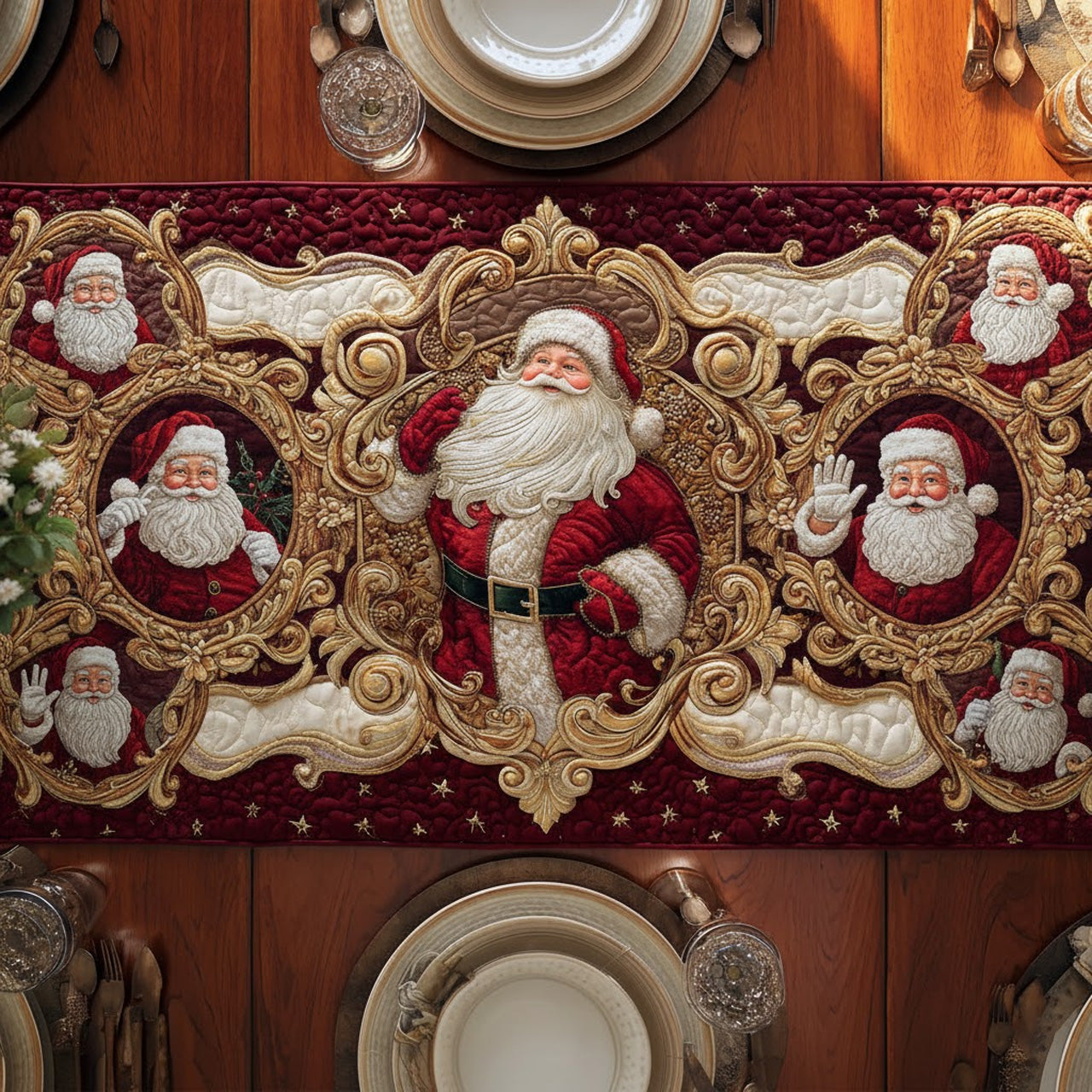 Vintage Santa Portrait Quilted Table Runner — Red & Gold Christmas Dining Accent