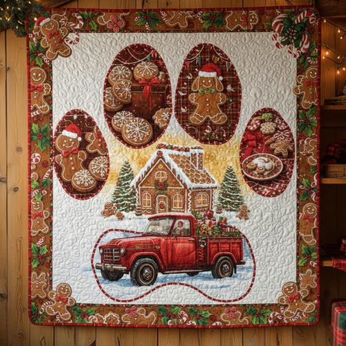 Gingerbread Cookie Paw & Red Truck Christmas Quilt — Cozy Bakery Holiday Blanket