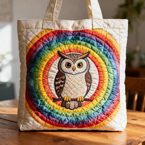 Rainbow Owl Circle Quilted Tote Bag – Ivory