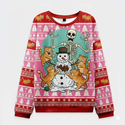 💀 Skeleton & Cats Christmas Sweater – Funny Snowman Chaos Ugly Holiday Jumper