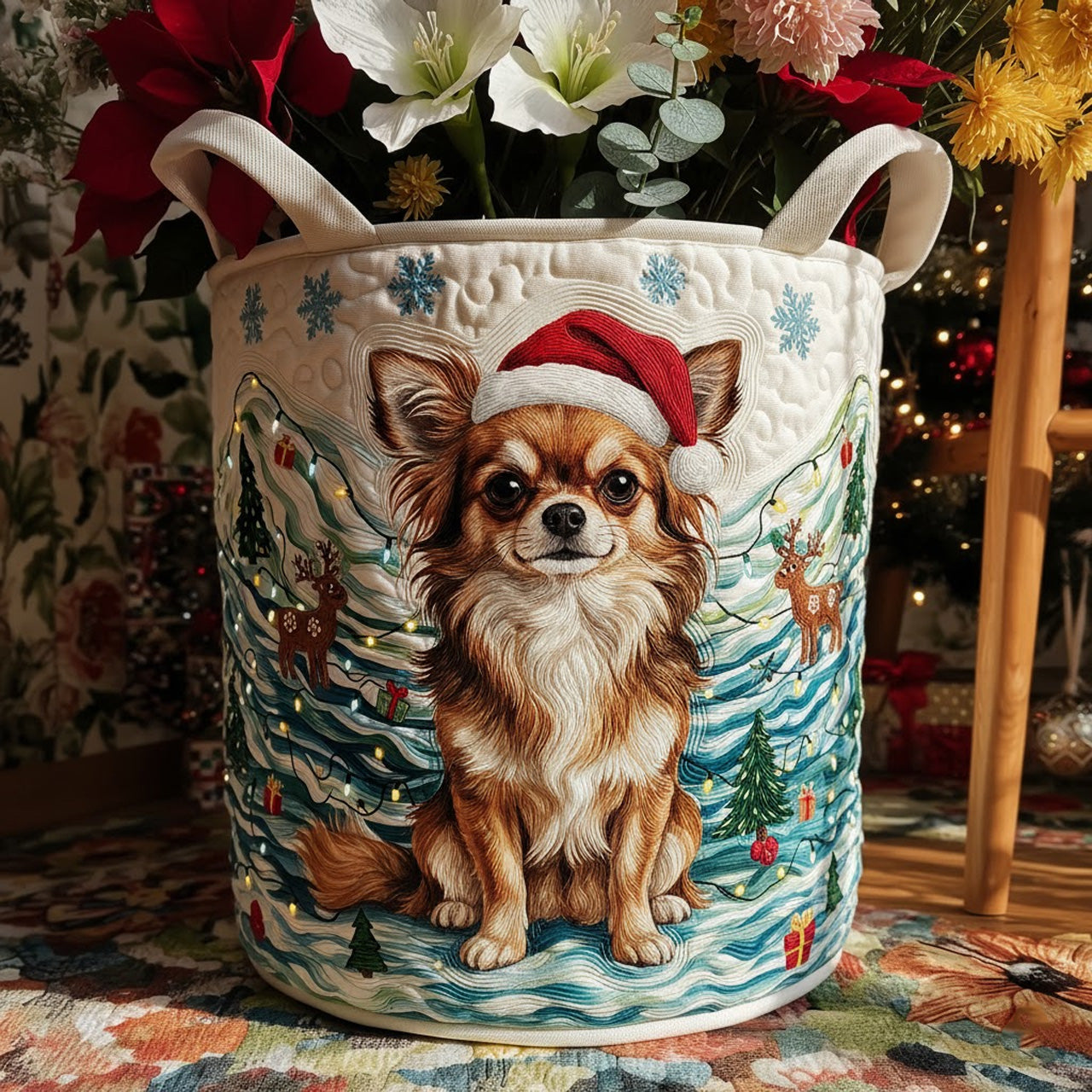 Chihuahua in Santa Hat Quilted Storage Basket — Festive Pet-Themed Laundry Hamper