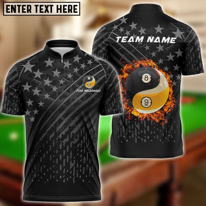 Billiards Ball 8 & 9 Fire Black US Flag Customized Name, Team Name 3D Shirt