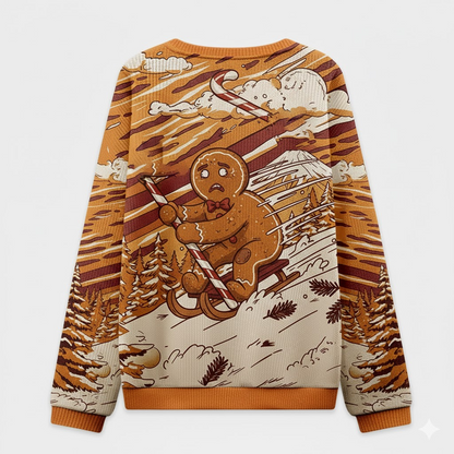 🍪 Angry Gingerbread Sledding Ugly Christmas Sweater – Funny Cookie Holiday Top