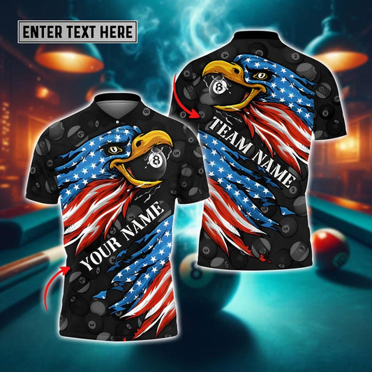 Personalized Billiard Ball  Eagle Polo Shirt, American Flag Pool Team Shirt with 8 Ball And Fire Graphics, Custom Name & Team Shirt.