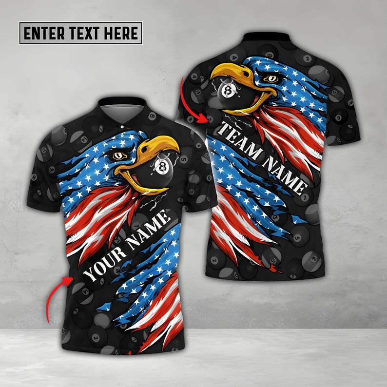 Personalized Billiard Ball  Eagle Polo Shirt, American Flag Pool Team Shirt with 8 Ball And Fire Graphics, Custom Name & Team Shirt.