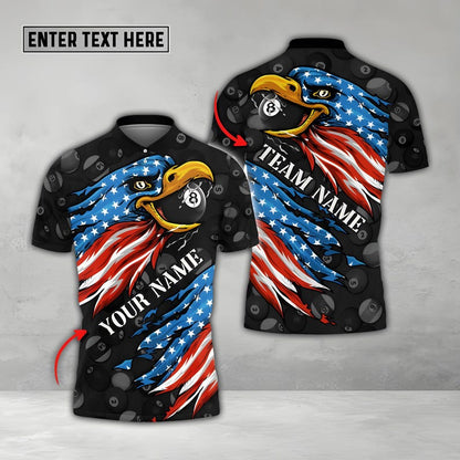 Personalized Billiard Ball  Eagle Polo Shirt, American Flag Pool Team Shirt with 8 Ball And Fire Graphics, Custom Name & Team Shirt.