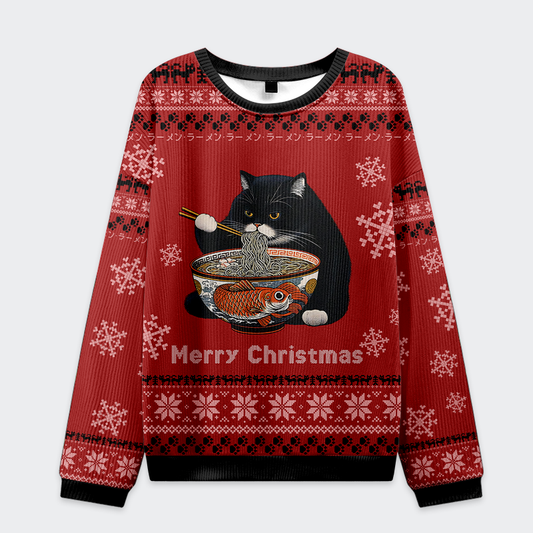 Fat Cat Eating Ramen Christmas Ugly Sweatshirt