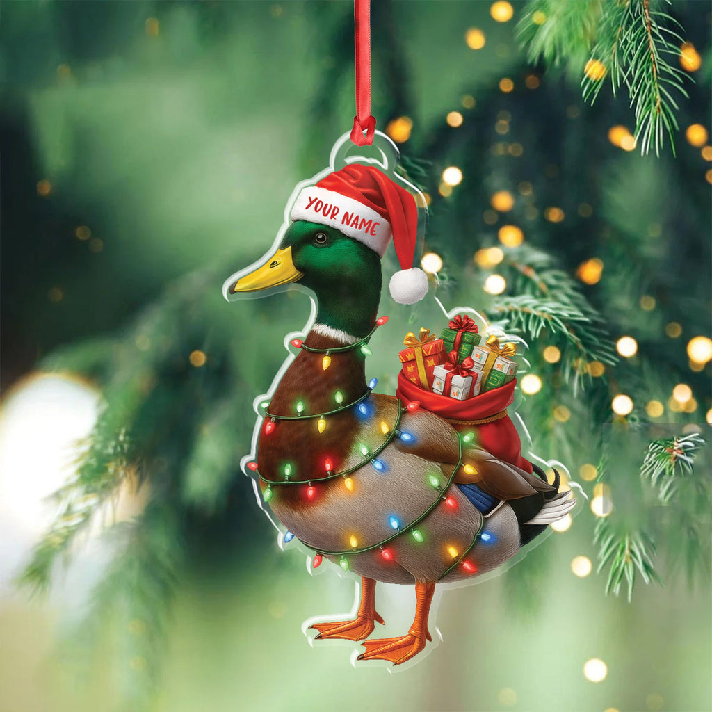 Funny Christmas Duck Acrylic Ornament – Mallard Santa with Lights and Gifts, Personalized Holiday Decoration for Duck Lovers, Unique Hunter Christmas Gift
