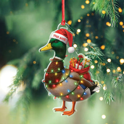 Funny Christmas Duck Acrylic Ornament – Mallard Santa with Lights and Gifts, Personalized Holiday Decoration for Duck Lovers, Unique Hunter Christmas Gift