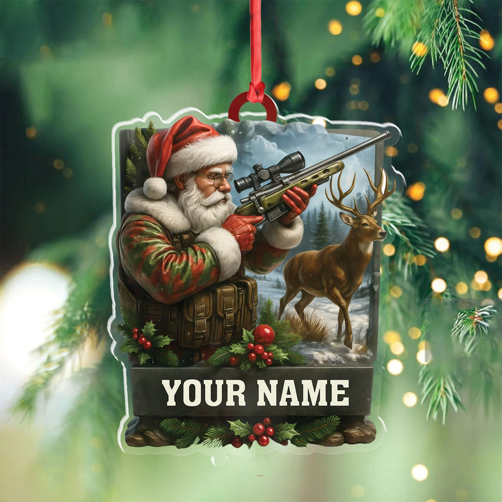 Custom Name Santa Hunter Ornament, Deer Hunting Christmas Tree Decor, Personalized Camo Gift