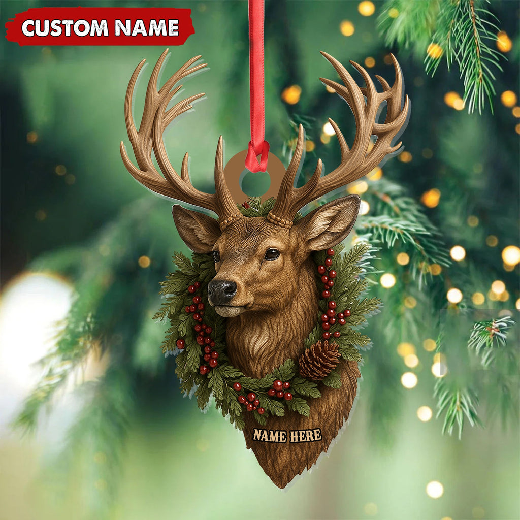 Personalized Rustic Deer Head Christmas Acrylic Ornament – 3D Holiday Decor & Perfect Gift for Hunters & Nature Lovers