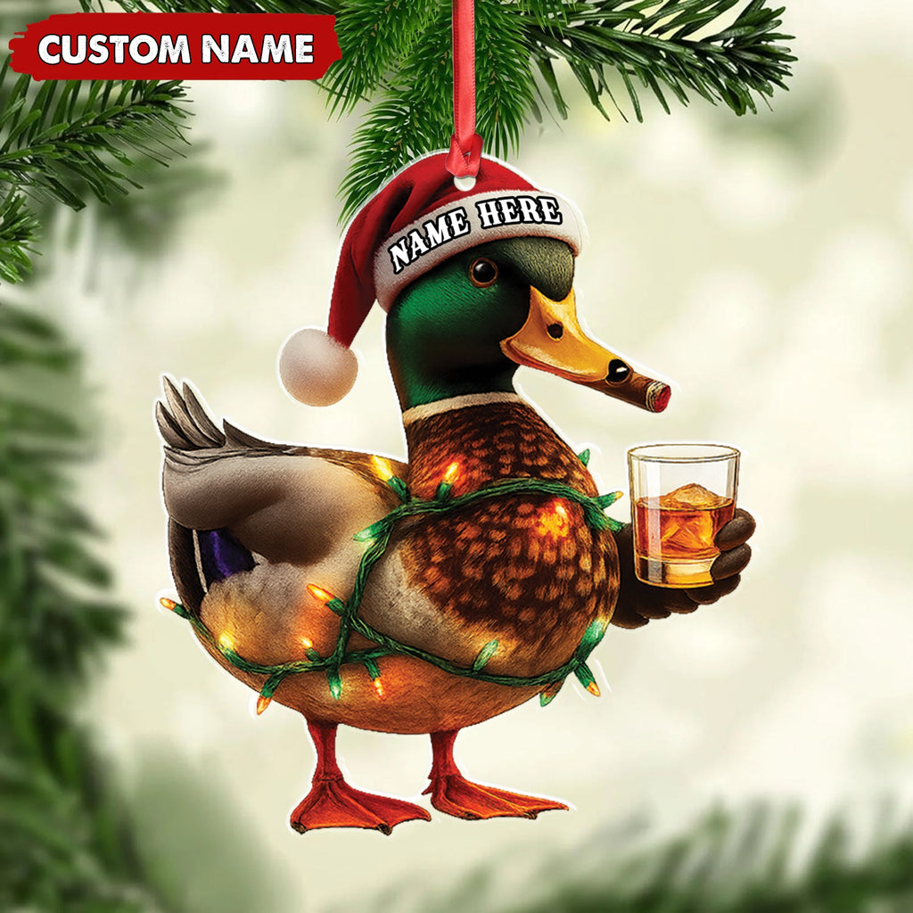 Personalized Funny Duck Smoking Acrylic Christmas OrnamentCustom Name Drinking Gift For Hunters