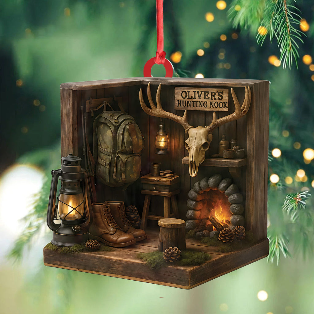 Personalized Hunting Cabin Ornament, Custom Name Deer Antler Lodge Christmas Decoration