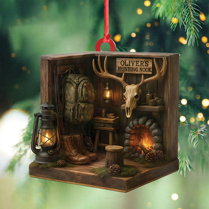 Personalized Hunting Cabin Ornament, Custom Name Deer Antler Lodge Christmas Decoration