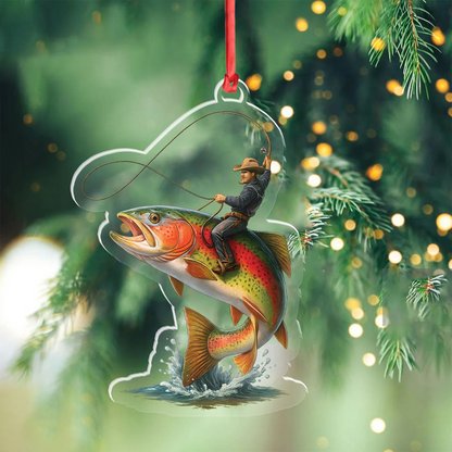 Personalized Funny Fishing Acrylic Ornament - Cowboy Riding Fish Christmas Decoration for Fishermen