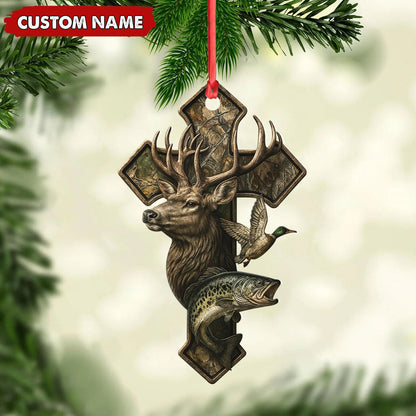 Personalized Hunter Acrylic Ornament - Deer, Duck & Fish Cross Design for Christmas Tree Decor
