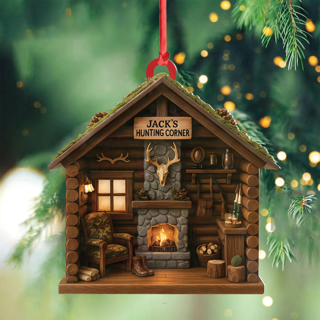 Personalized Hunter’s Cabin Ornament, Custom Log Cabin Christmas Decoration for Outdoor Lovers