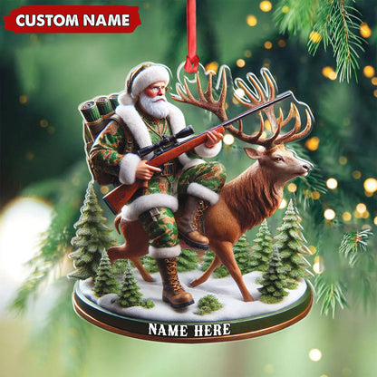 Personalized Acrylic Hunter Santa Riding Deer Christmas Ornament - Custom Hunting Gift Decoration