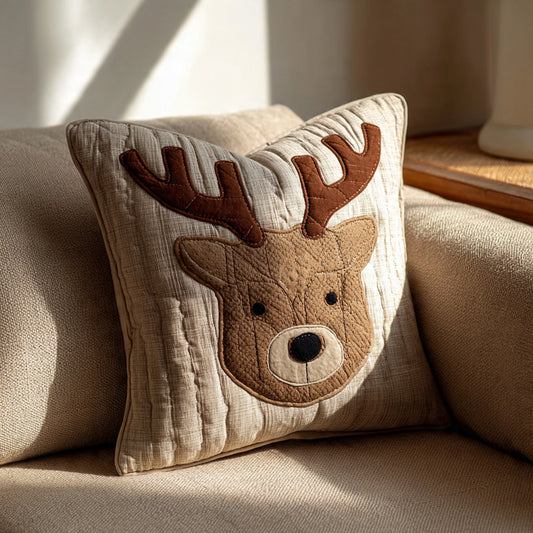 Cute Reindeer Appliqué Pillow Cover — Quilted Face, Soft Neutral Christmas