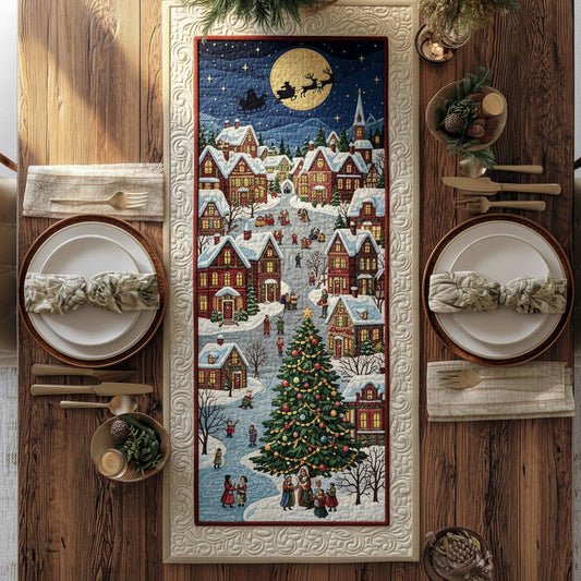 Snowy Town Christmas Quilted Table Runner — Santa Sleigh & Moonlit Village Scene