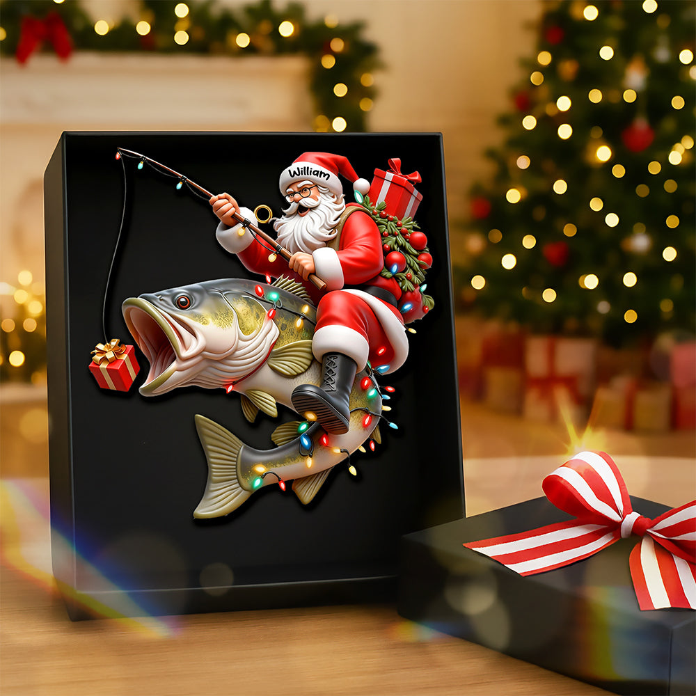 Fishing Santa Acrylic Ornament, Personalized Gifts For Fishing Lovers