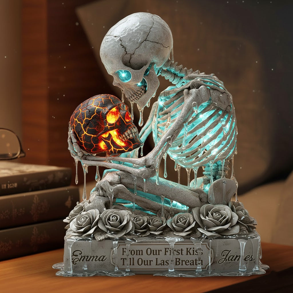 Gothic Skeleton Cradling Lava Skull LED Figurine – “From Our First Kiss…” Custom Base