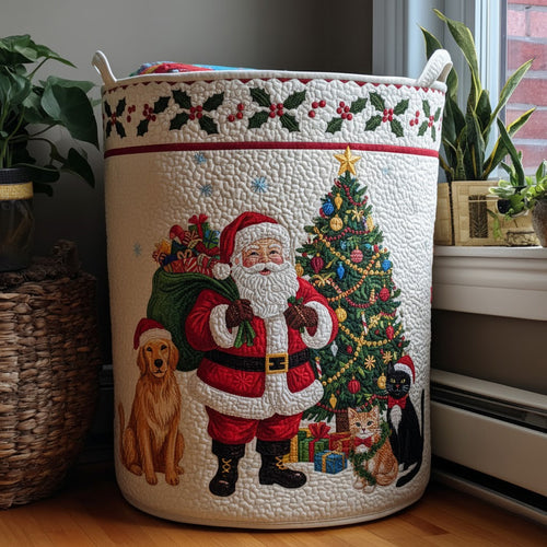 Santa with Pets & Tree Quilted Laundry Hamper — Christmas Collapsible Organizer