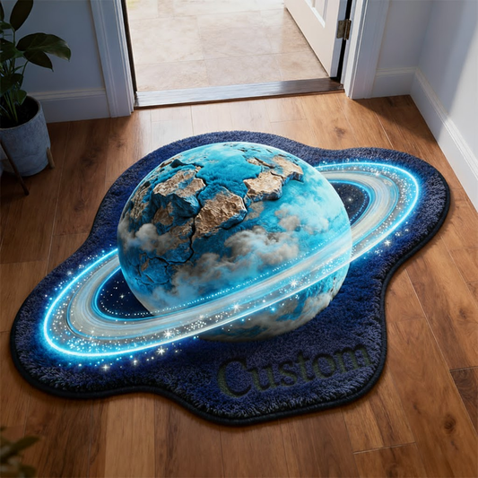 Aqua Cracked Planet 3D Rug — Luminous Rings — Personalized Doormat