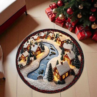 3D Printed Christmas Village Scene Small Snow Houses Round Rug