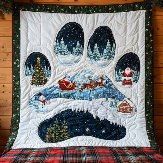 Winter Paw Print Scene Quilt — Santa Sleigh, Snowy Pines & Snowman