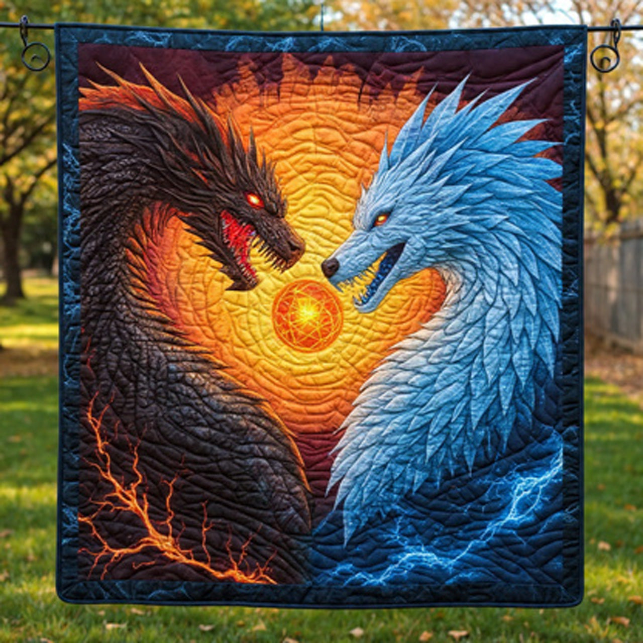 Fire & Ice Twin Dragons with Arcane Orb — Quilt