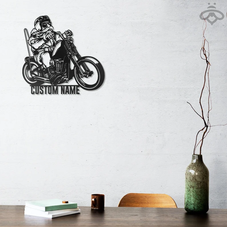 Custom Christmas Santa Riding Motorcycle Metal Wall Art-Personalized Biker Name Sign Decoration Dirt Bike
