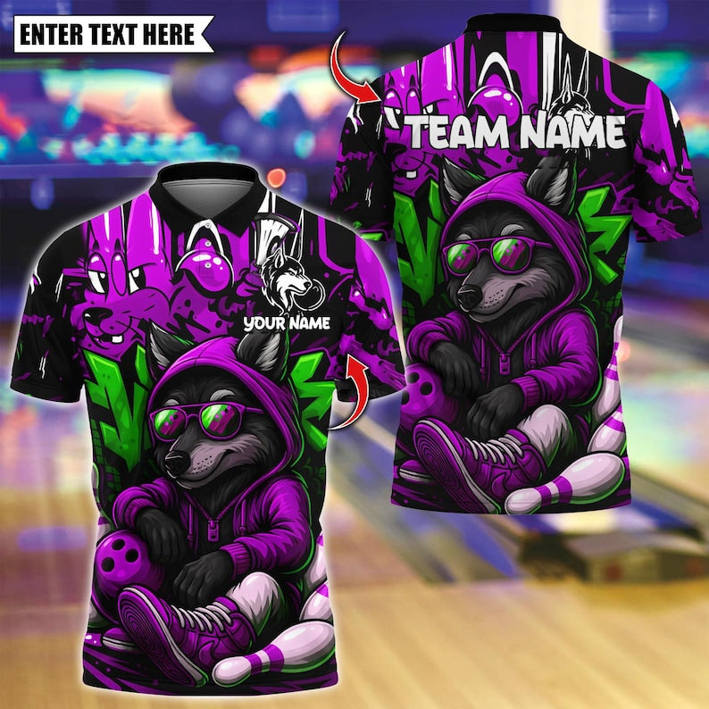 Custom Bowling Polo Shirt, Graffiti Wolf Streetwear Design, Personalized Bowling Polo for Men Women, Personalized Name Team 3D Shirt